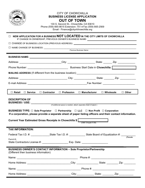 First page of the Business License Application Out of Town