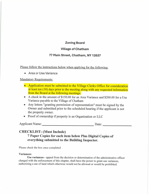 First page of the Application for Use and Area Variance