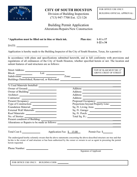 First page of the Building Permit Application Alterations/Repairs/New Construction