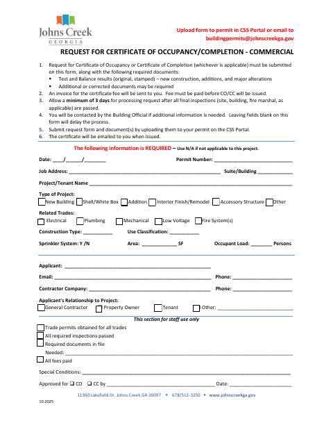 First page of the Request for Certificate of Occupancy or Completion – Commercial