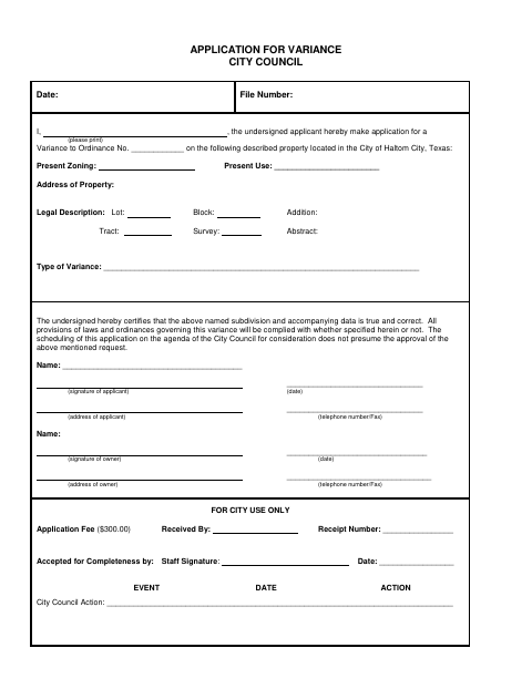 First page of the Application for Variance City Council