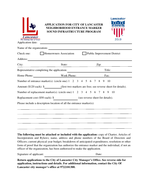 First page of the Neighborhood Entrance Marker Application