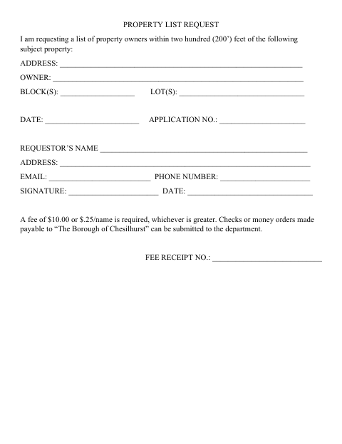 First page of the Property List Request Form