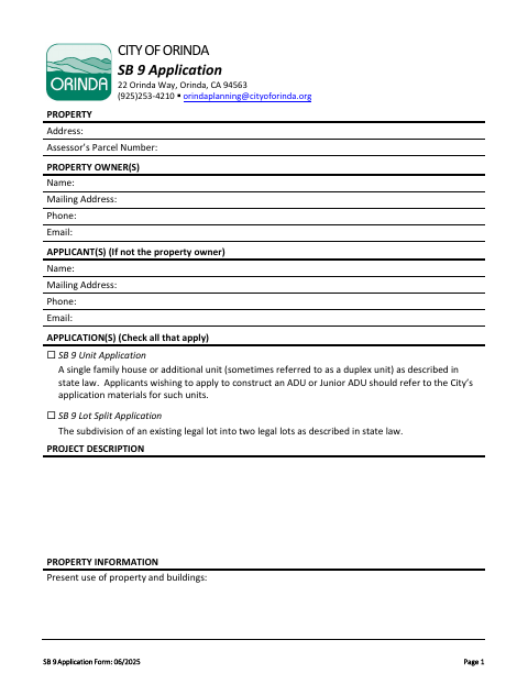 First page of the SB 9 Lot Split Application