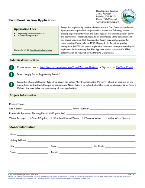 First page of the Civil Construction Application