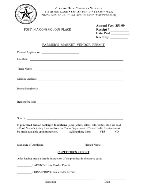 First page of the Farmer’s Market Vendor Permit