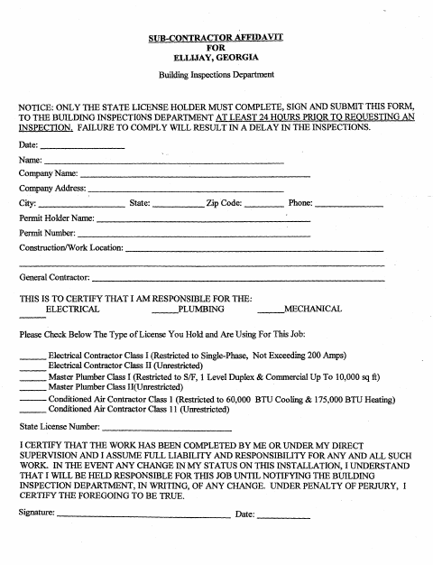First page of the Sub-Contractor Affidavit