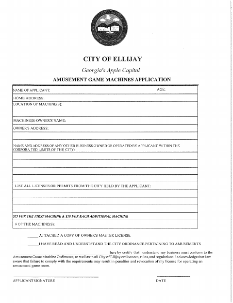 First page of the Amusement Game Machines Application