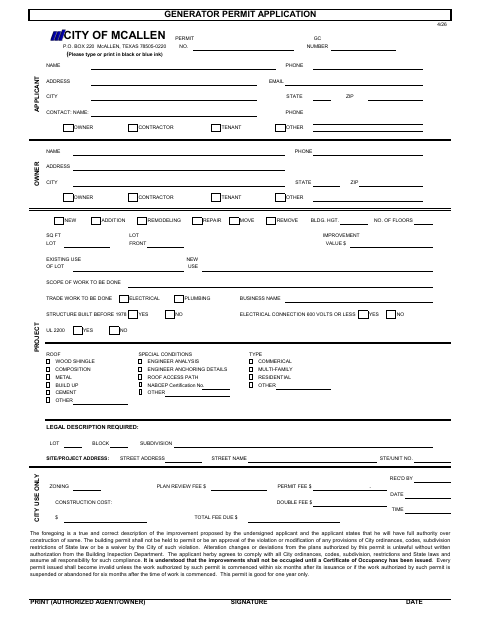 First page of the Generator Permit Application