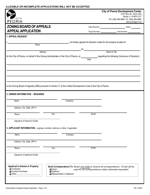 First page of the Zoning Board of Appeals Appeal Application