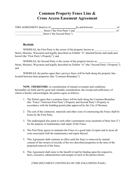 First page of the Common Property Fence Line and Cross Access Easement Agreement