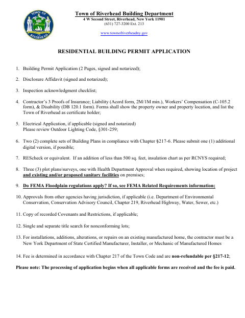 First page of the Residential Building Permit Application