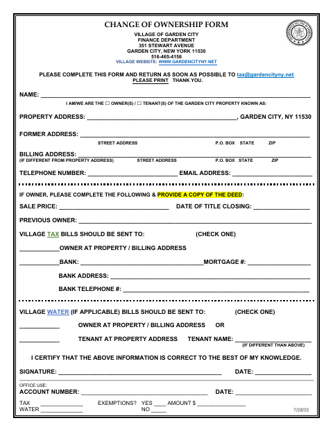 First page of the Change of Ownership Form
