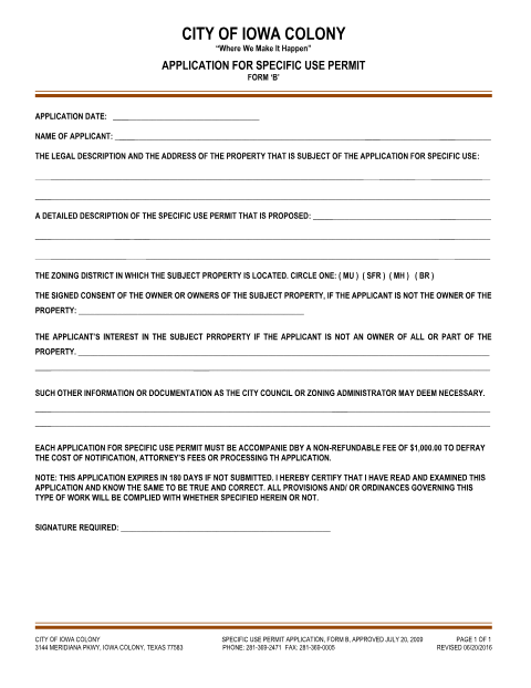 First page of the Application for Specific Use Permit (Form B)