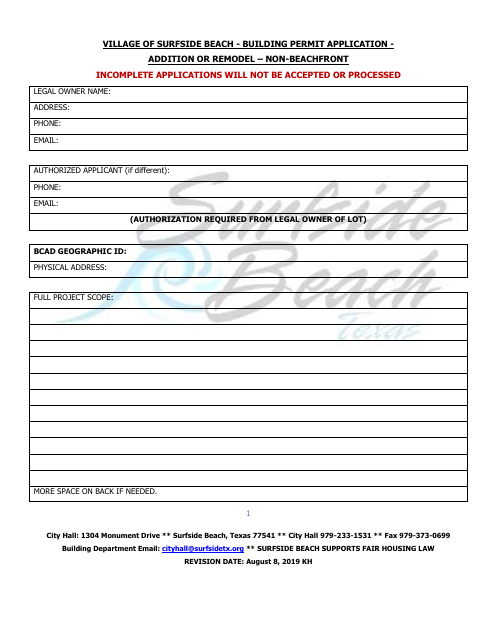 First page of the Building Permit Application for Addition or Remodel – Non-Beachfront