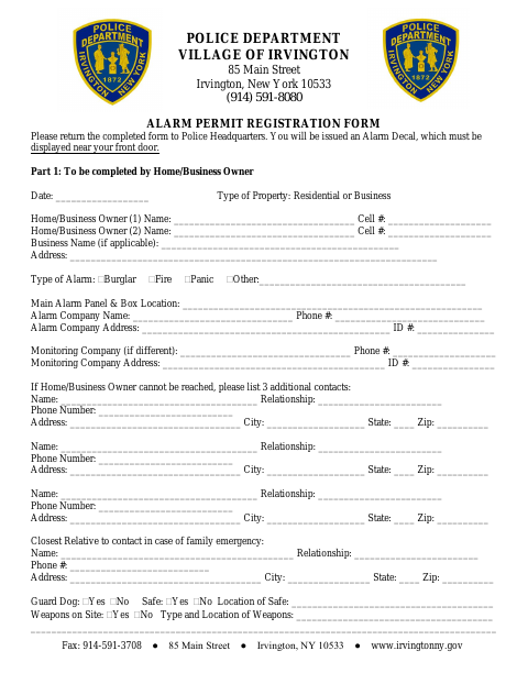 First page of the Alarm Permit Registration Form