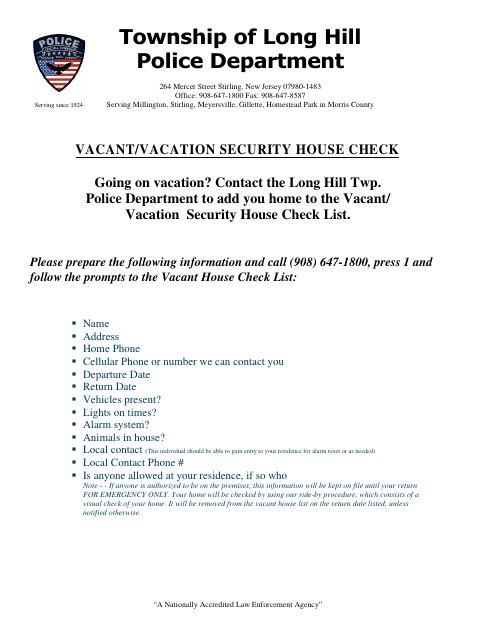 First page of the Vacant/Vacation Security House Check