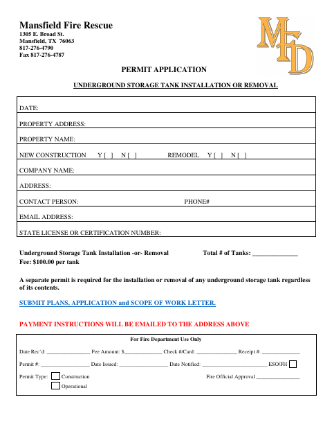 First page of the Underground Storage Tank Installation or Removal Permit Application