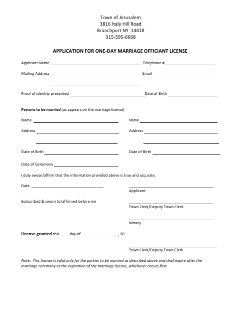 First page of the One-Day Marriage Officiant License Application