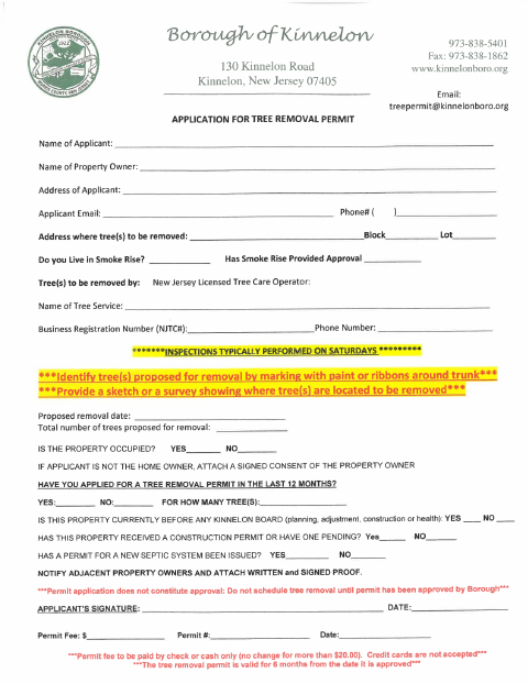 First page of the Tree Removal Permit Application