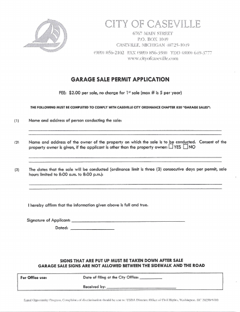 First page of the Garage Sale Permit Application