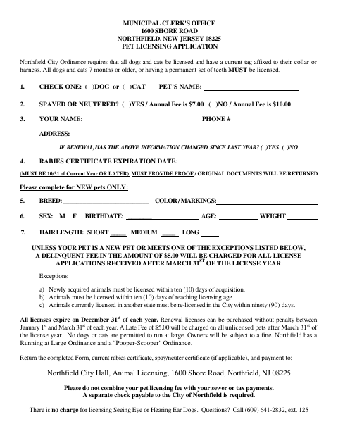First page of the Pet Licensing Application