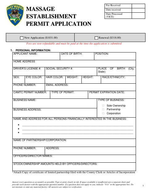 First page of the Massage Establishment Permit Application