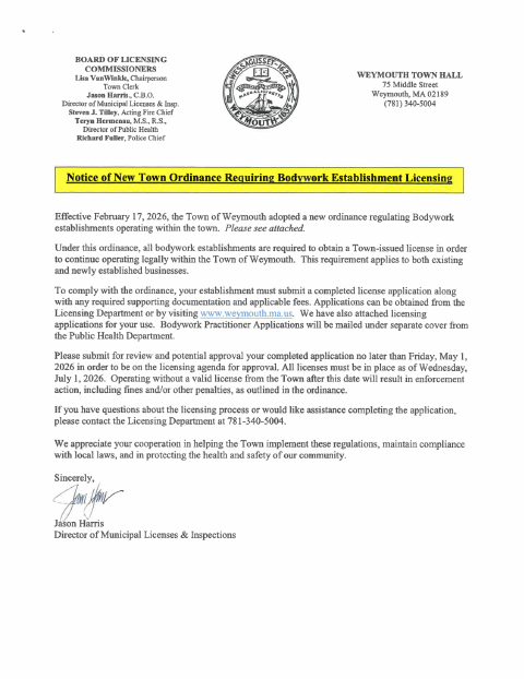 First page of the Bodywork Establishment License Application