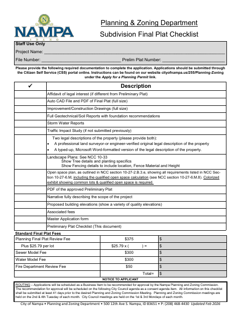 First page of the Subdivision Final Plat Checklist