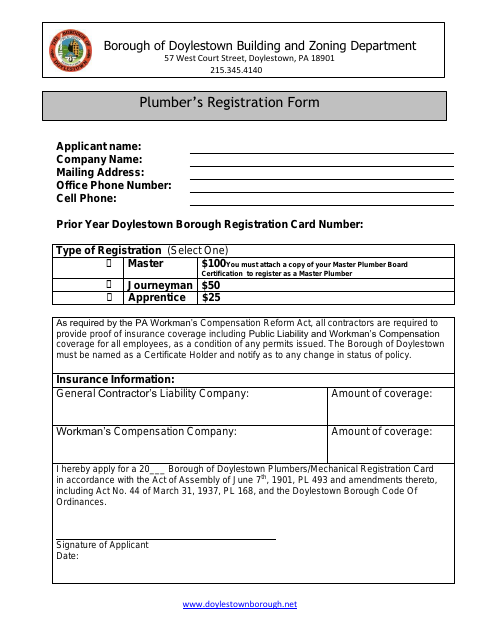 First page of the Plumber’s Registration Form