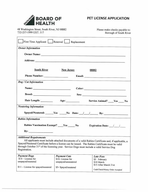 First page of the Dog and Cat License Application