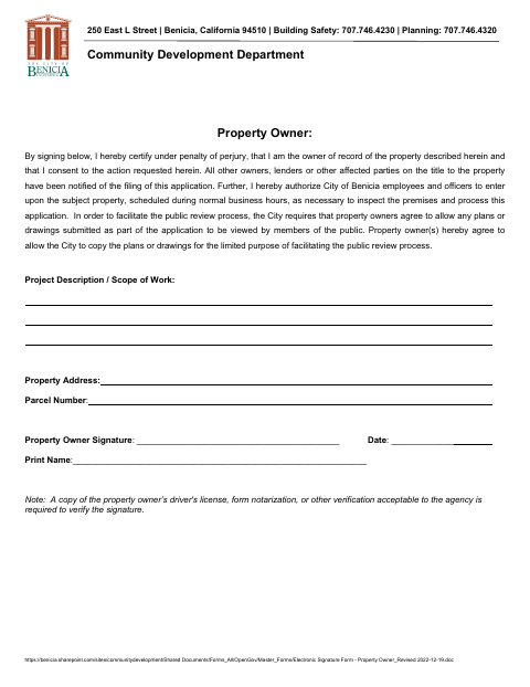 First page of the Property Owner Signature Form