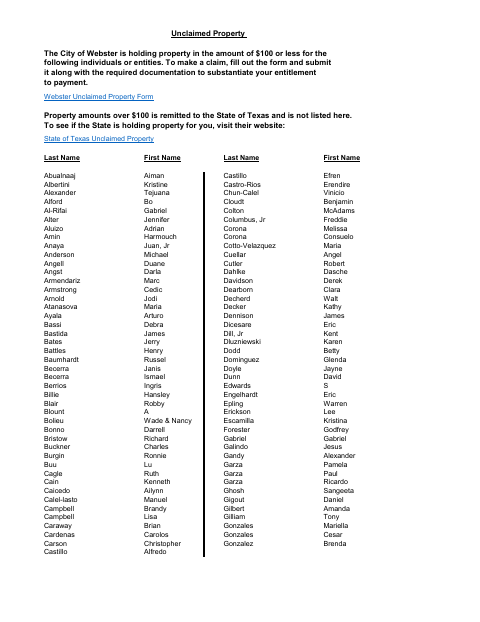 First page of the Unclaimed Property Form