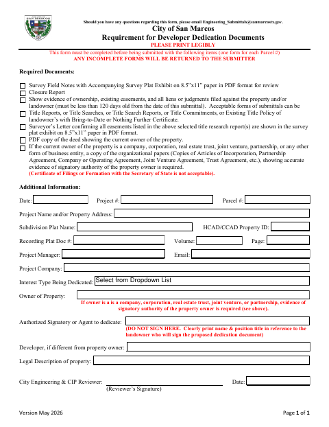 First page of the Requirement for Developer Dedication Documents