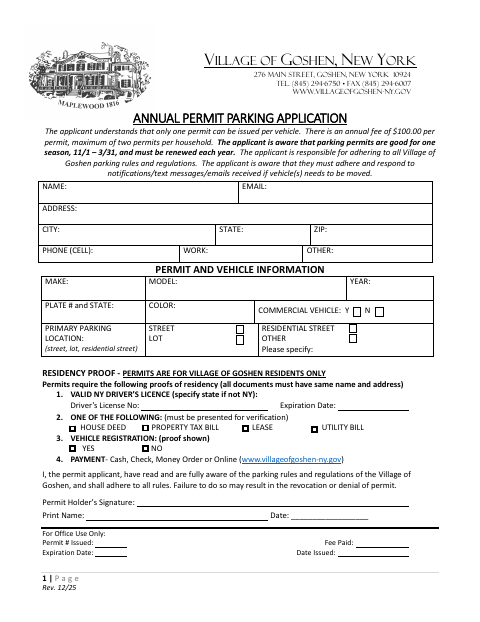 First page of the Annual Permit Parking Application