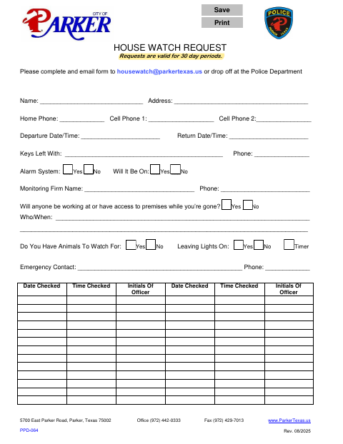 First page of the House Watch Request