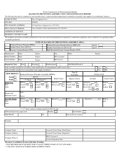 First page of the Backflow Prevention Assembly Test and Maintenance Report