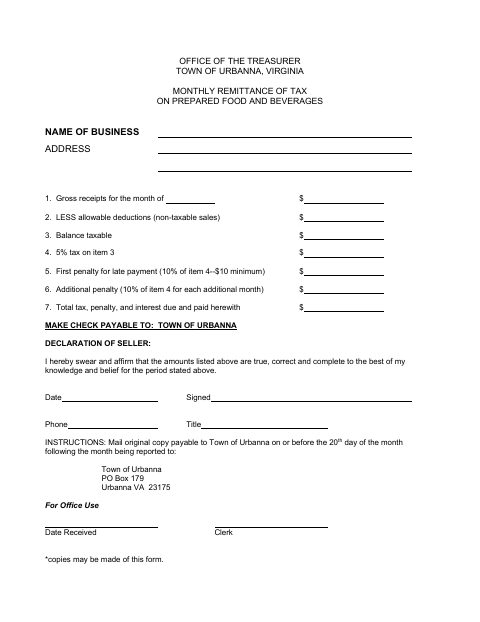 First page of the Monthly Remittance of Tax on Prepared Food and Beverages