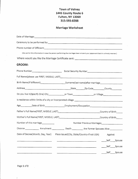 First page of the Marriage License Worksheet