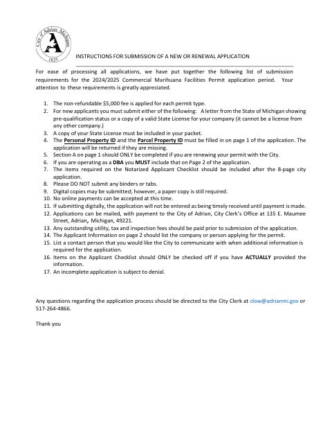 First page of the Commercial Marihuana Facilities Permit Application