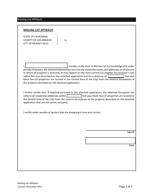 First page of the Mailing List Affidavit
