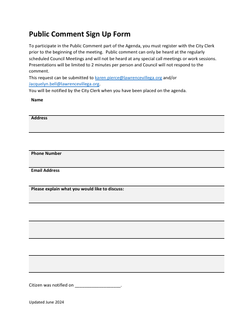 First page of the Public Comment Sign Up Form