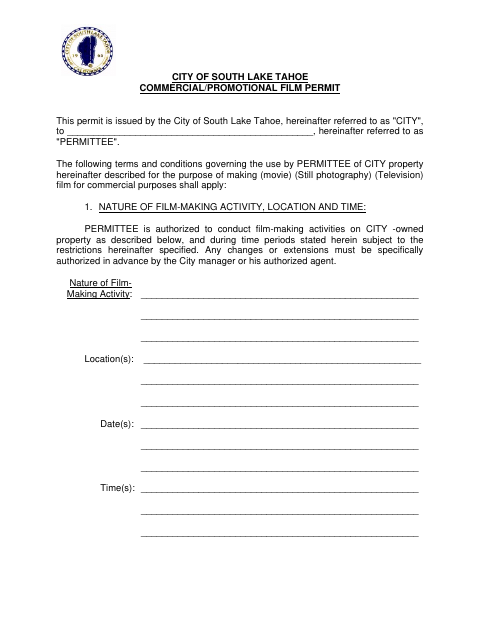 First page of the Commercial/Promotional Film Permit