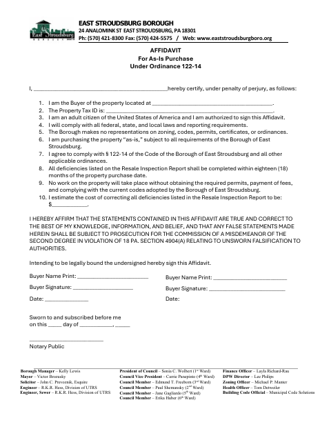 First page of the As-Is Purchase Affidavit