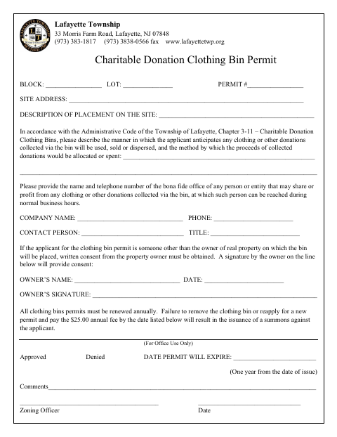 First page of the Charitable Donation Clothing Bin Permit