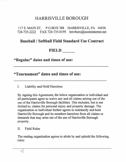 First page of the Baseball/Softball Field Standard Use Contract