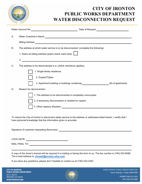 First page of the Water Disconnection Request