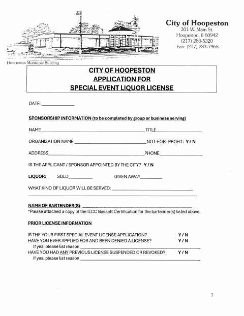 First page of the Special Event Liquor License Application
