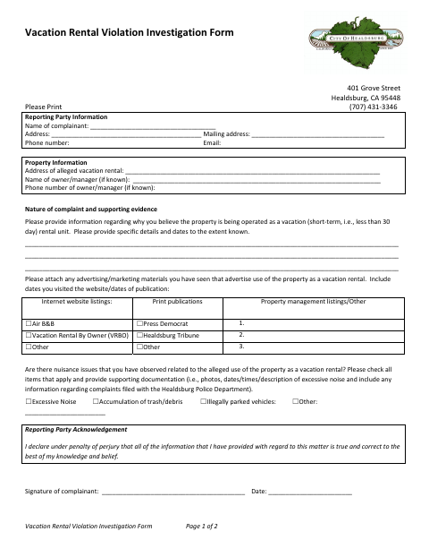 First page of the Vacation Rental Violation Investigation Form