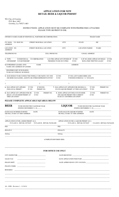 First page of the Application for New Retail Beer & Liquor Permit